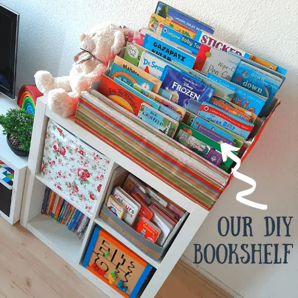 DIY bookshelf placed over IKEA Kallax with lot of books