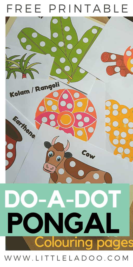 pongal do-a-dot colouring pages cow,kolam, banana leaf, sugarcane, earthen pot ladoo