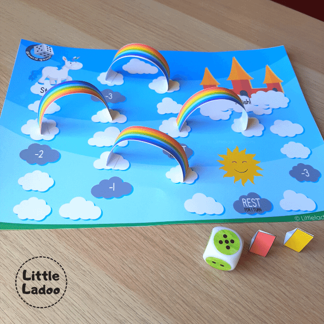 printable board game with rainbows and dice