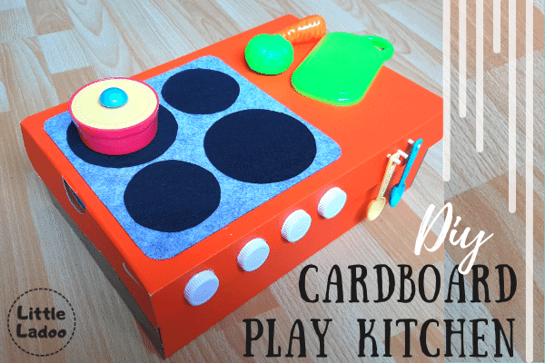cardboard play kitchen made with shoebox- hob,worktop,